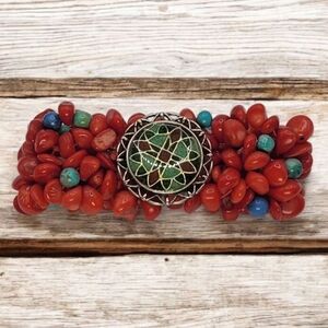 Vintage Carolyn Pollack Relios 925 Sterling Silver Bamboo Coral Bracelet Stretch